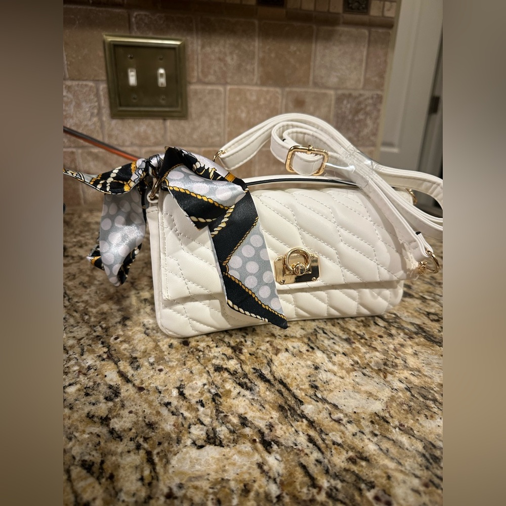 White Quilted Clutch with Gold Accent with “scarf”